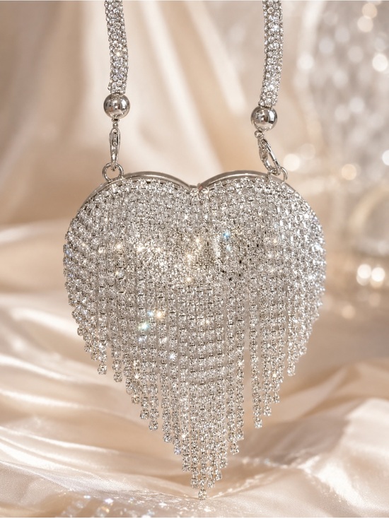 The Unbranded Brand Handbags - Rhinestone Heart Mini Crossbody Bag Silver Chain Evening Purse